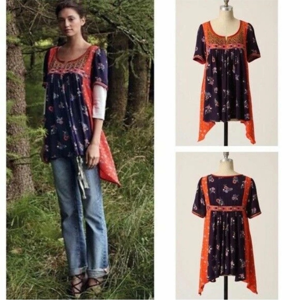 VINTAGE Anthropologie navy and Orange Floral Tunic EUC vintage M UNICORN